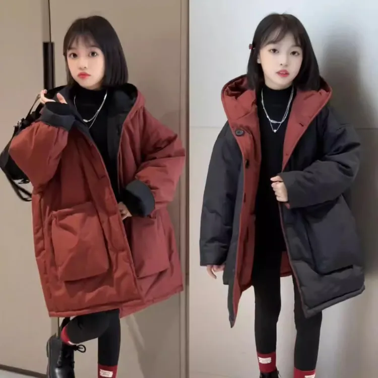 女童双面穿棉服韩版高级感中长款大口袋连帽加厚棉衣洋气冬季外套