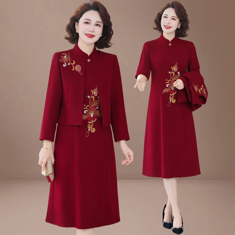 2025新款喜婆婆婚宴装年轻妈妈婚宴礼服套装高级感连衣裙真两件套