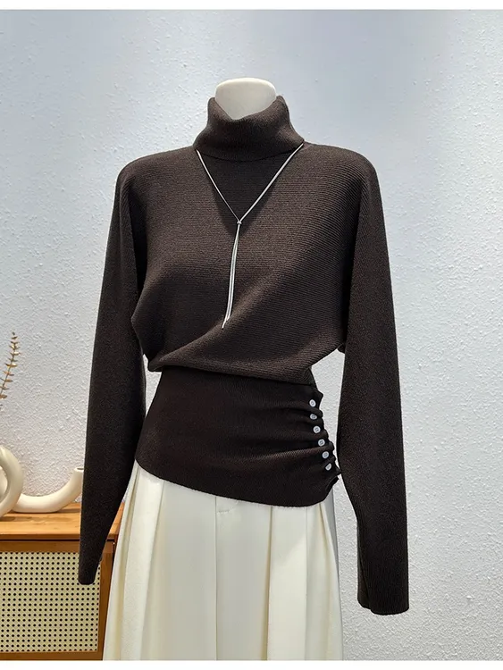 设计感高领侧边抽褶针织衫女冬时尚气质百搭毛衣别致收腰打底上衣