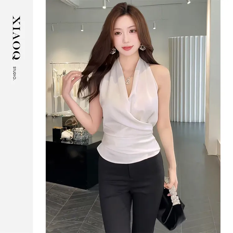 XIAOQ「温柔初恋」法式慵懒V领褶皱无袖修身显瘦上衣女春秋86985