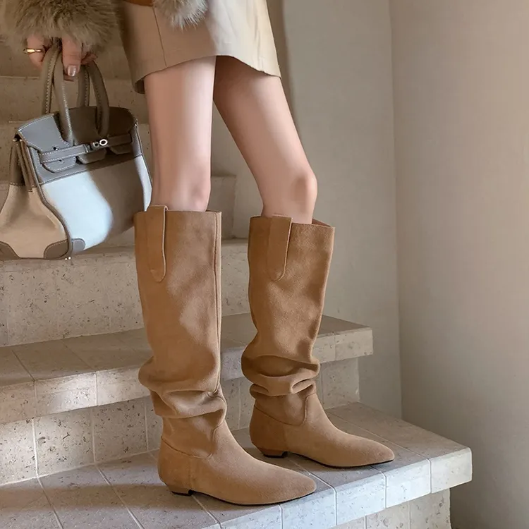 【奢品】极简老钱风~磨砂皮2cm跟显瘦堆堆西部靴不掉筒及膝时装长靴