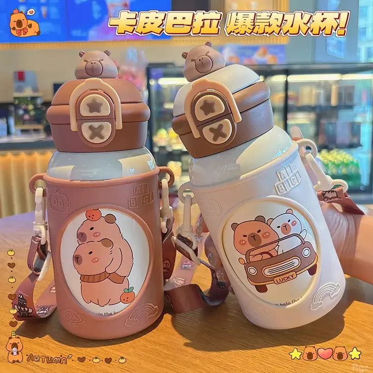 拉布布新款潮流保温杯食品级316男女孩斜挎幼儿园吸管杯防摔水壶