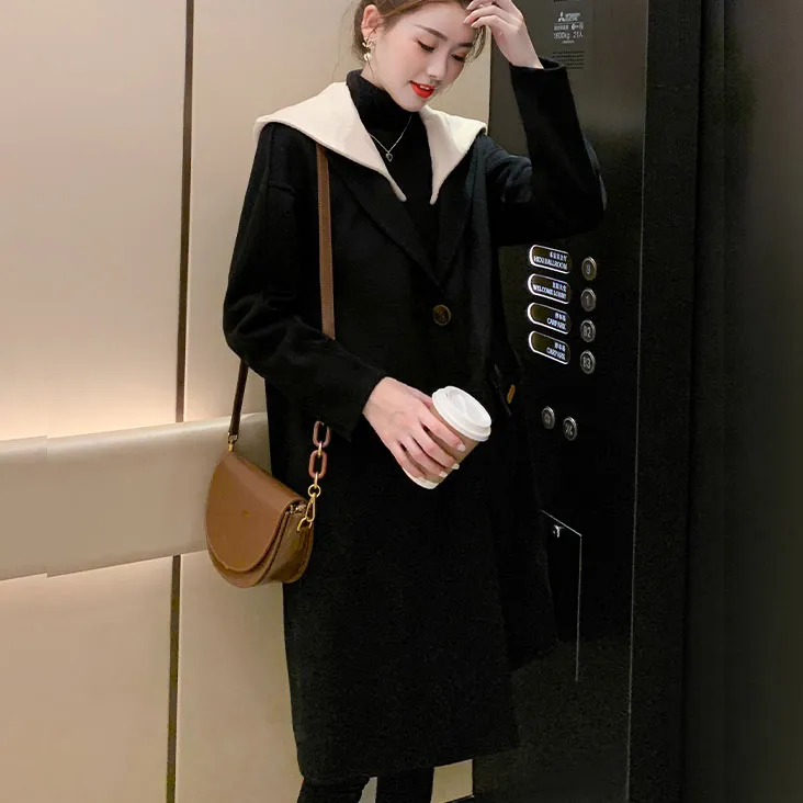呢大衣小个子秋冬连帽毛呢外套中长款时尚撞色毛呢外套女中长款