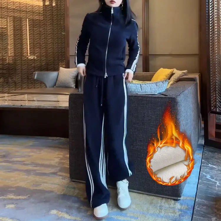 洋气减龄韩版休闲运动套装女秋冬新款开衫外套长裤羊羔绒两件套潮