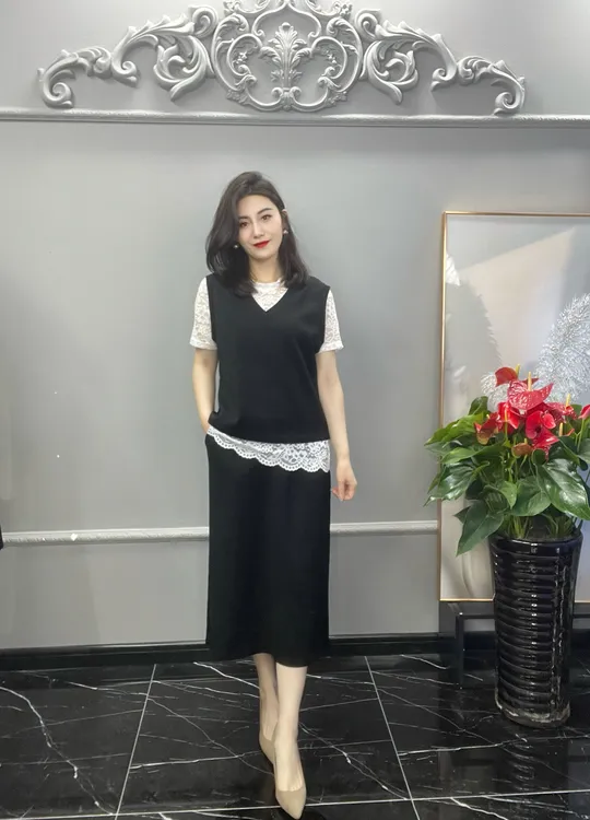 三件套蕾丝小香风显瘦气质时尚黑色拼接