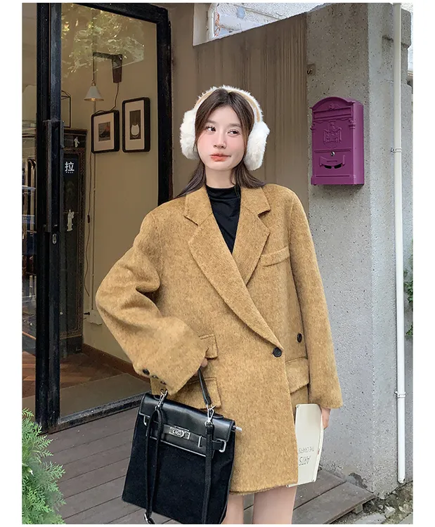 咖色轻熟简单大方双面羊毛呢大衣套装女2025秋冬立领马甲两件套
