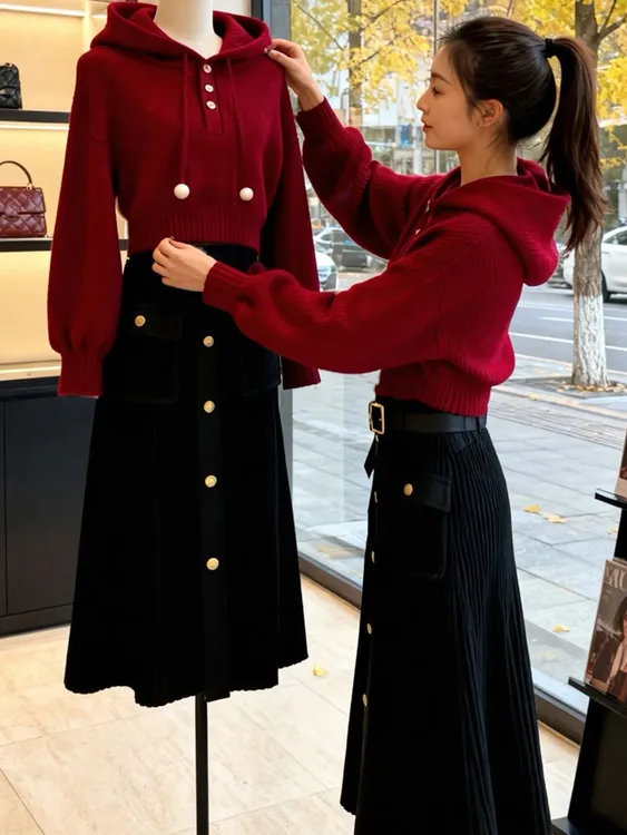 小众别致红色连帽抽绳纯色卫衣女款秋季黑色休闲百搭半身裙两件套
