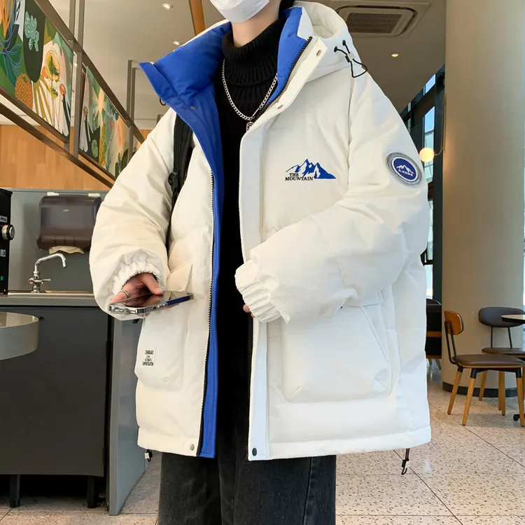 青少年羽绒服男生宽松休闲柔软加厚保暖微阔纯色撞色连帽冬季外套