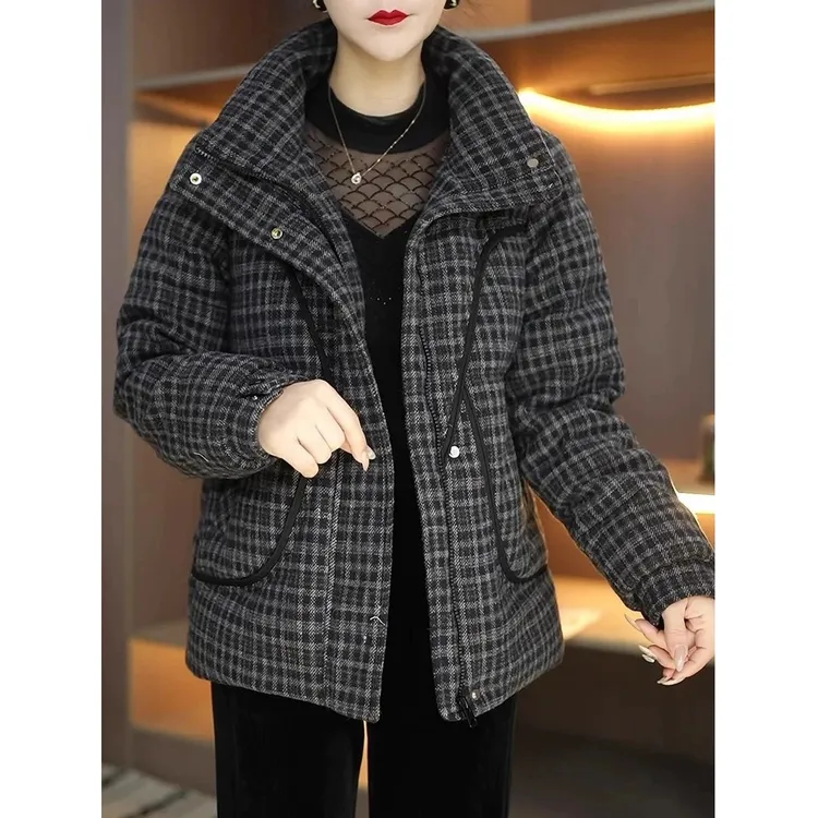 复古格纹保暖棉服上衣女时尚新款女装洋气立领短款女士休闲外套