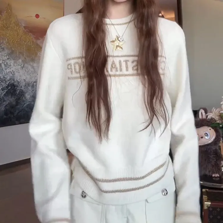 搭配担当～百搭金丝星星字母刺绣基础款针织衫2025秋冬新款ins毛衣