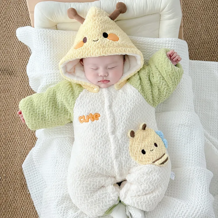 婴儿加绒加厚哈衣冬季装连体衣保暖爬服新生婴幼儿外出服棉袄暖绒