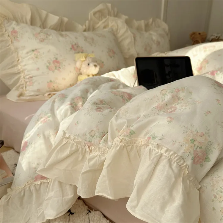 ins小清新少女心韩式全棉双层纱花边款四件套纯棉床单被套三件套