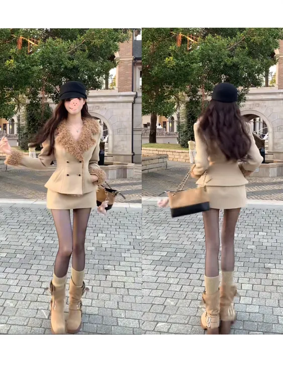 留洋千金复古毛领毛呢外套+高腰A字半裙套装秋冬新款气质百搭