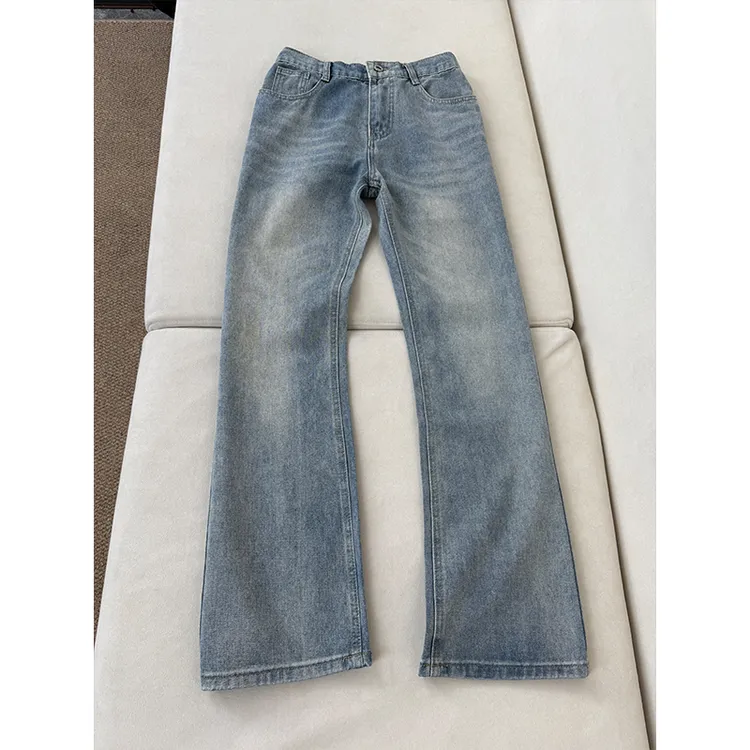 蓝色波纹牛仔裤男款美式复古vibe微喇裤子cleanfit显瘦修身直筒裤