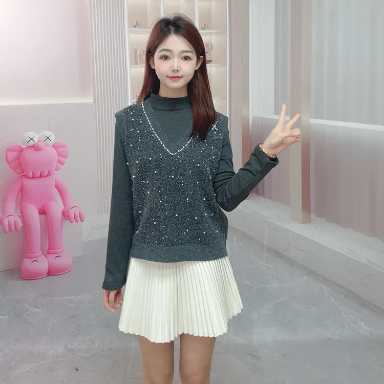 亮片钉珠V领针织马甲两件套4254312762