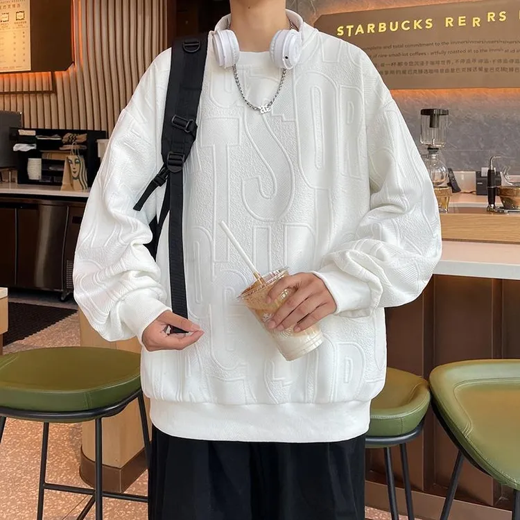 秋冬百搭华夫格卫衣男ins潮牌立体提花设计感内搭打底衫宽松休闲