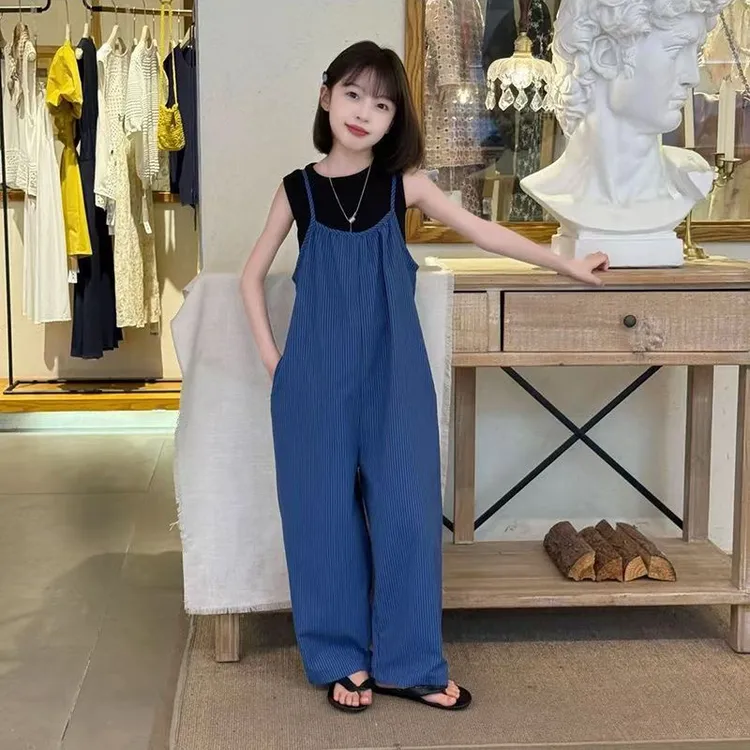 女童背心条纹连体裤套装205新款儿童打底连衣休闲裤背带裤子薄款