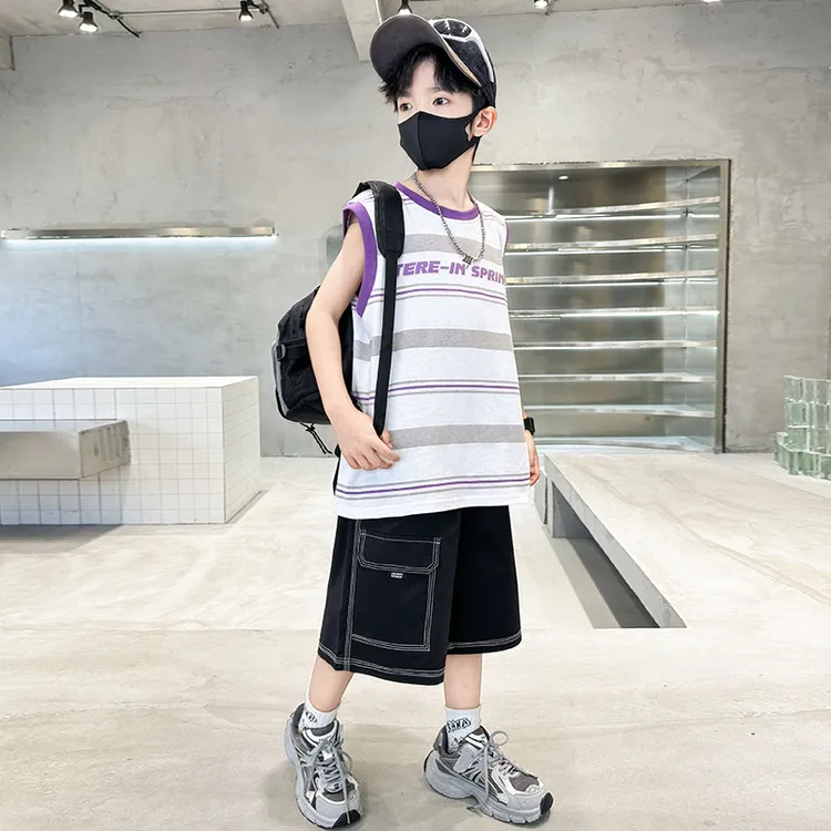 男童夏装条纹套装2025新款儿童夏季背心运动服大童夏款衣服帅气潮