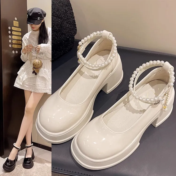 法式珍珠一字式扣带春秋单鞋2025夏新款粗跟高跟玛丽珍小皮鞋厚底