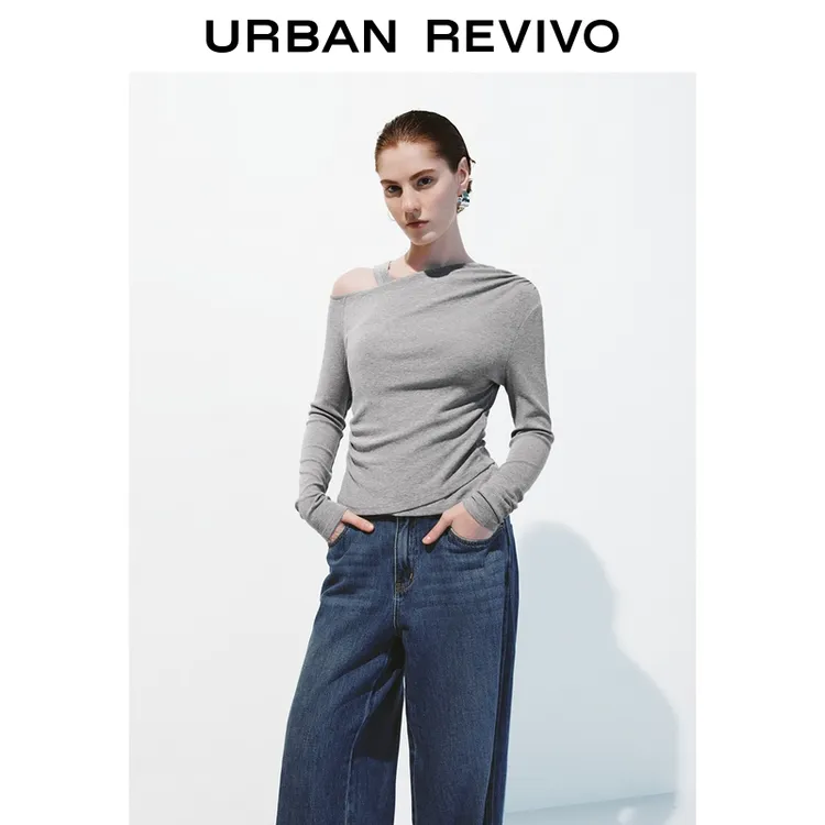 UR2025冬季新款女装设计感斜肩领修身长袖T恤UWJ450163