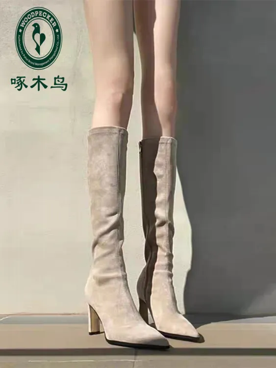 啄木鸟高跟长靴女2025秋冬新款高筒弹力瘦瘦靴长筒靴不过膝骑士靴