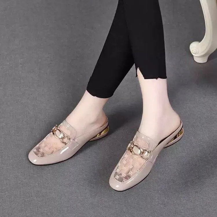 夏季尖头感舒适无后跟乐福鞋方头网纱网红女夏包头半拖凉拖鞋外穿