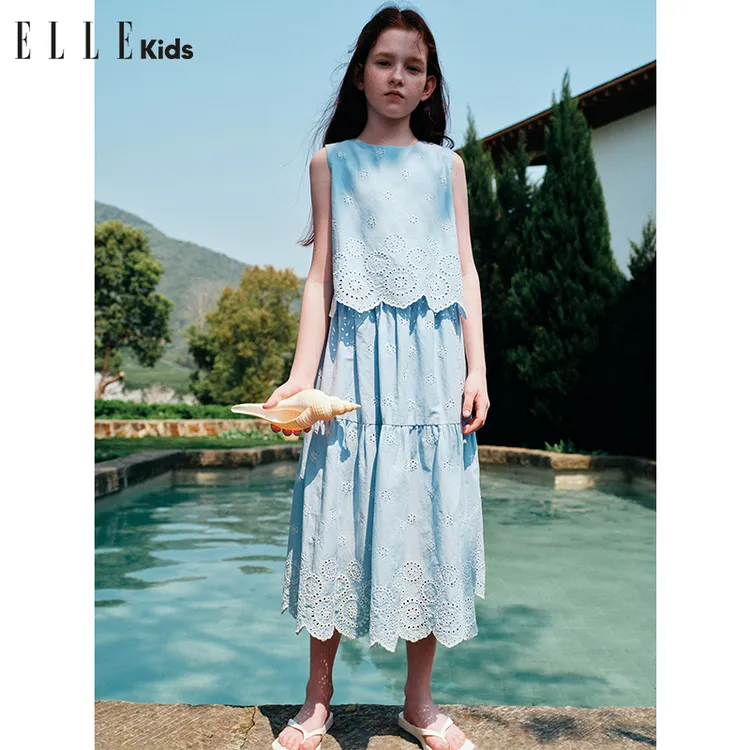 ELLE KIDS 法式撞色刺绣度假套装女童夏季新款无袖背心+半身裙A2