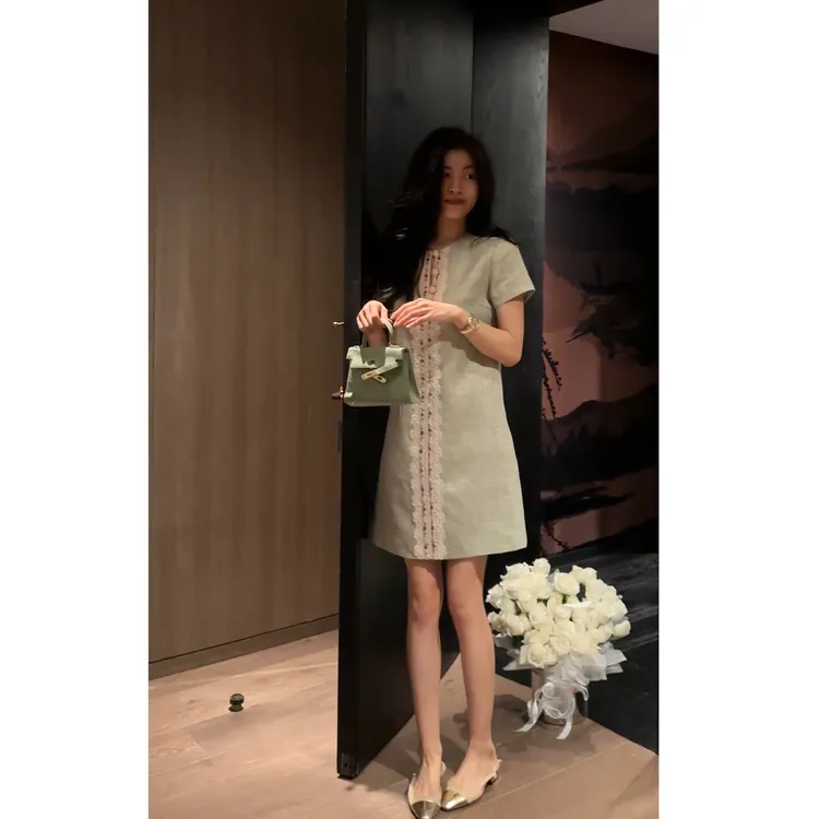 N.COU妮蔻25夏新款气质设计感别致蕾丝花边亚麻连衣裙短裙DY80565