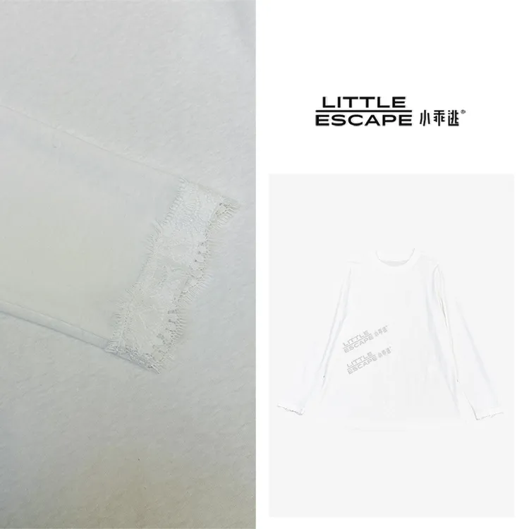 小乖逃三色净色打底白色灰色T恤 水溶蕾丝花边袖口子上衣 S25203