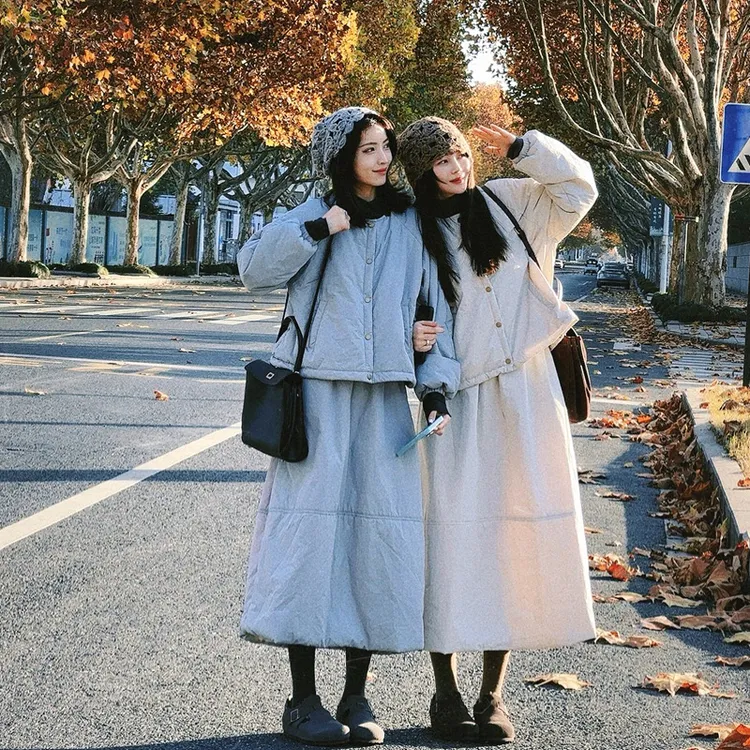 韩国高级感棉服女套装2025秋冬新款减龄气质夹棉半身裙子两件套潮