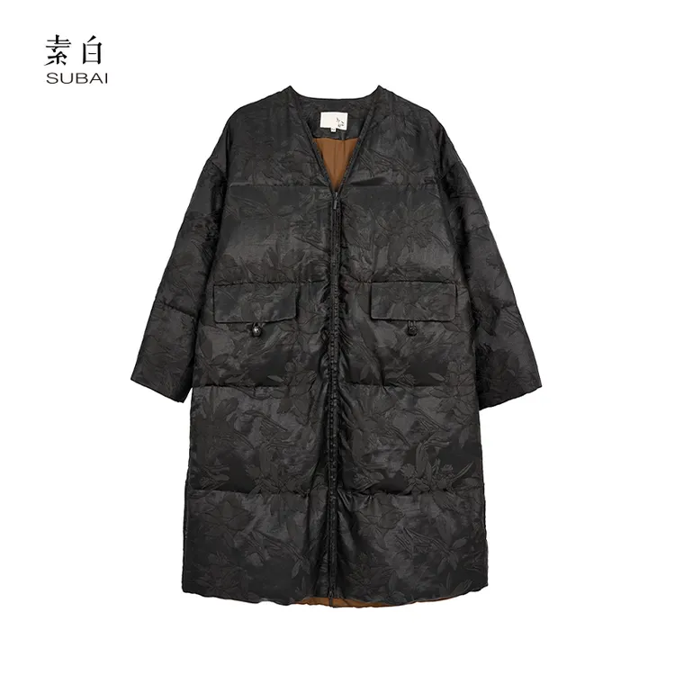 素白香云纱【锦云袍】R01962新中式提花V领长拉链加厚保暖鹅绒服