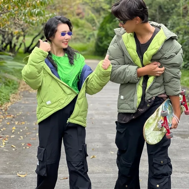 冬季新款户外情侣连帽棉服轻量保暖葫芦格纯色气绒棉外套男女同款