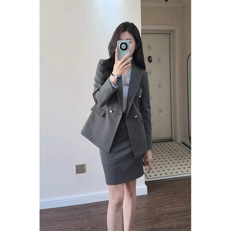 律政俏佳人高级感炭灰色小西服职业装女神范半身裙西装套装两件套
