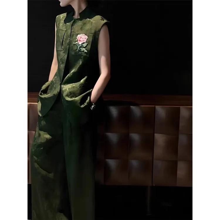 欧洲站高级醋酸提花手工亮片花朵老钱风气质女套装洋气两件套女潮