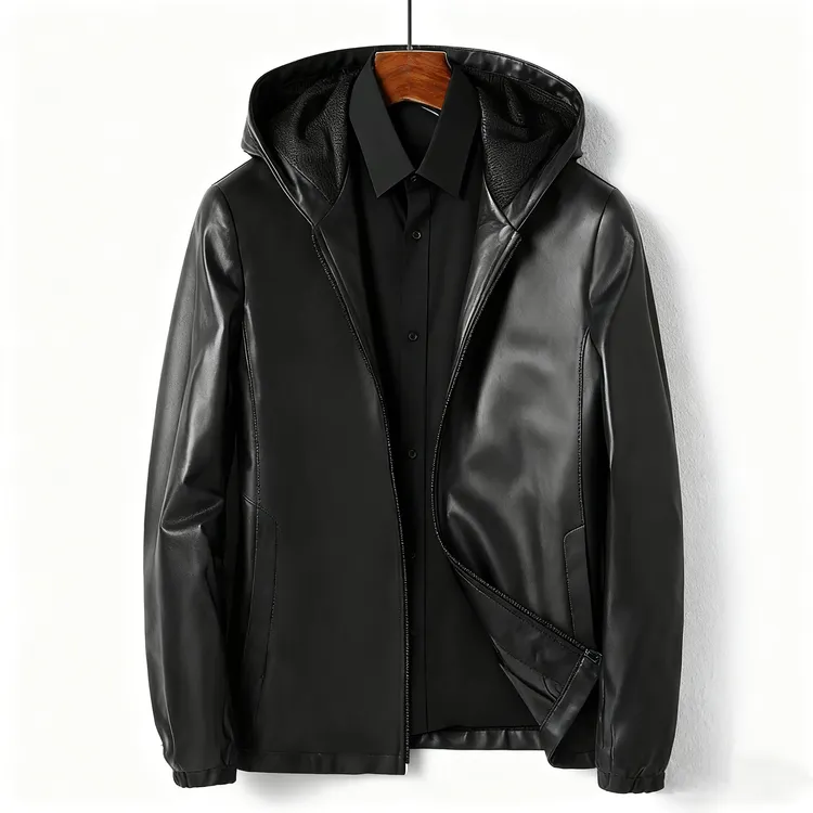 男士海宁时尚休闲真皮绵羊皮商务春秋黑色潮流连帽保暖海宁皮夹克