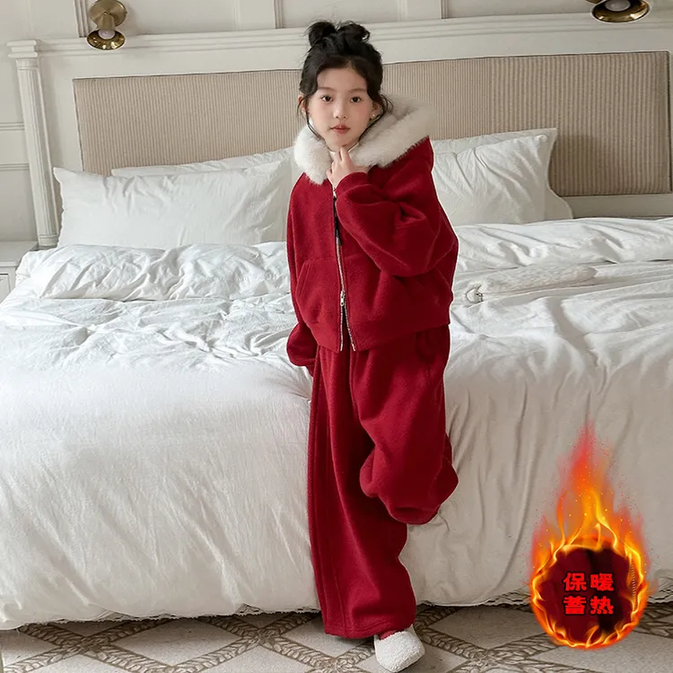 女童冬装红色加绒加厚大毛领连帽外套阔腿裤运动服女大童年服套装