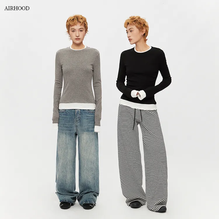 AIRHOOD 秋季假两件复古撞色长袖T恤女宽松休闲百搭辣妹上衣C5401