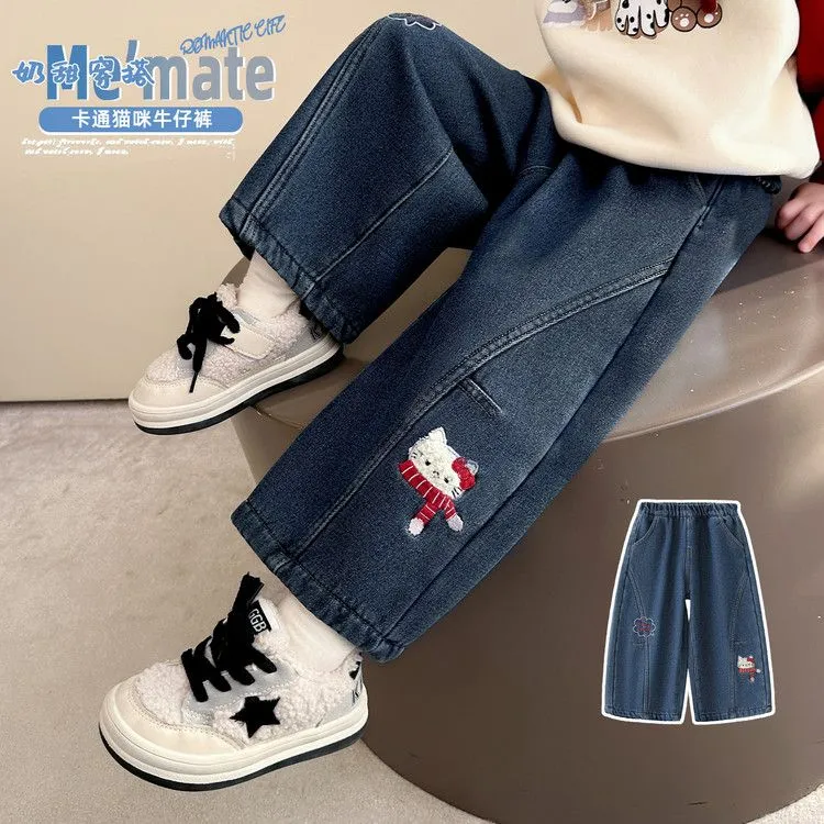 女童加绒弯刀牛仔裤秋冬款2025新款洋气时髦潮酷儿童女宝冬装裤子