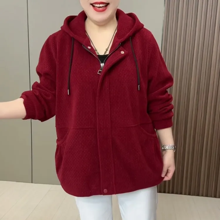 3613梵#大码时尚长袖秋季女连帽中长款纯色短外套