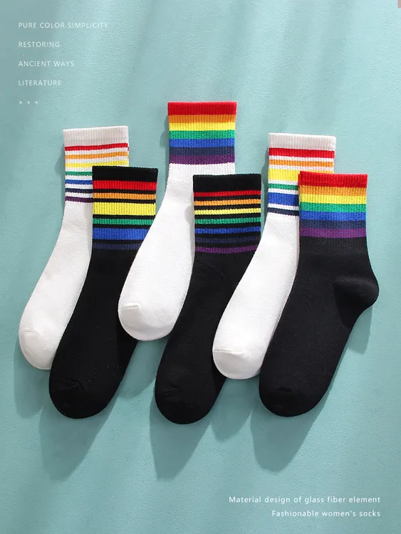 彩虹袜女中筒袜春夏季棉袜isn潮袜外穿长筒袜条纹运动袜黑色袜子