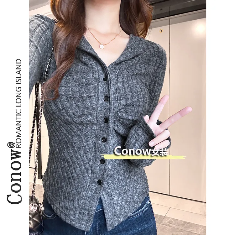 秋冬单排扣打底衫女百搭休闲上衣紧身保暖磨毛长袖T恤针织开衫