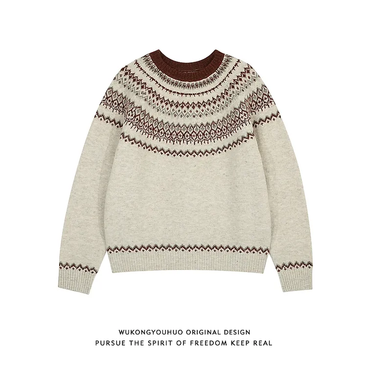 悟空有货秋季复古费尔岛提花圆领针织衫男女vintage情侣休闲毛衣