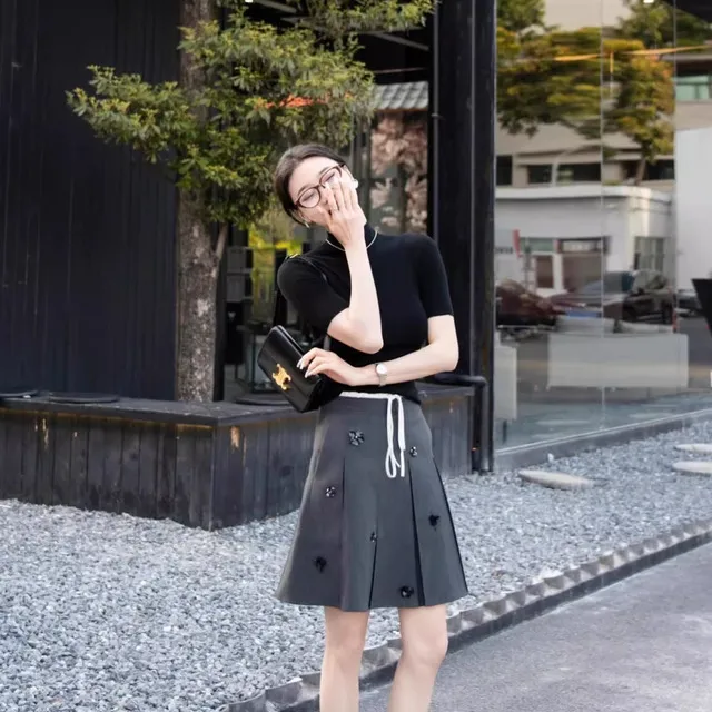 美式复古静奢手工钉珠西装抽绳半身裙女春夏新款高腰A字百褶短裙