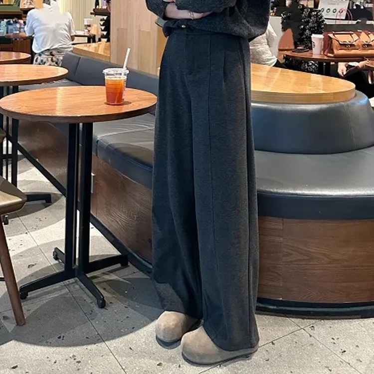 韩系简约垂感毛呢窄版直筒阔腿裤女2025秋季新款宽松显瘦休闲裤子