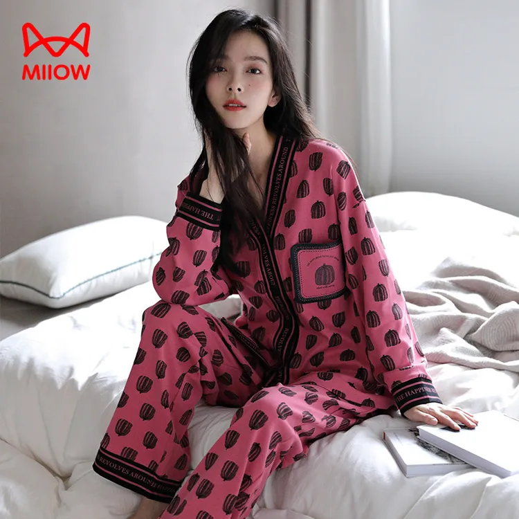 猫人经典纯棉睡衣女士春秋季长袖开衫V领ins风秋冬款波点大码套装