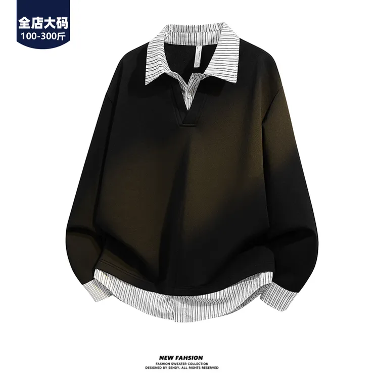 胖胖森大码男士假两件卫衣春秋加肥加大条纹拼接休闲宽松长袖上衣