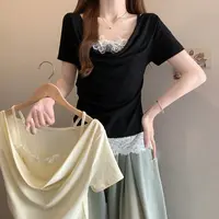 2025夏季大码胖MM甜美重工花朵蕾丝拼接T恤胖妹妹收腰短袖上衣女
