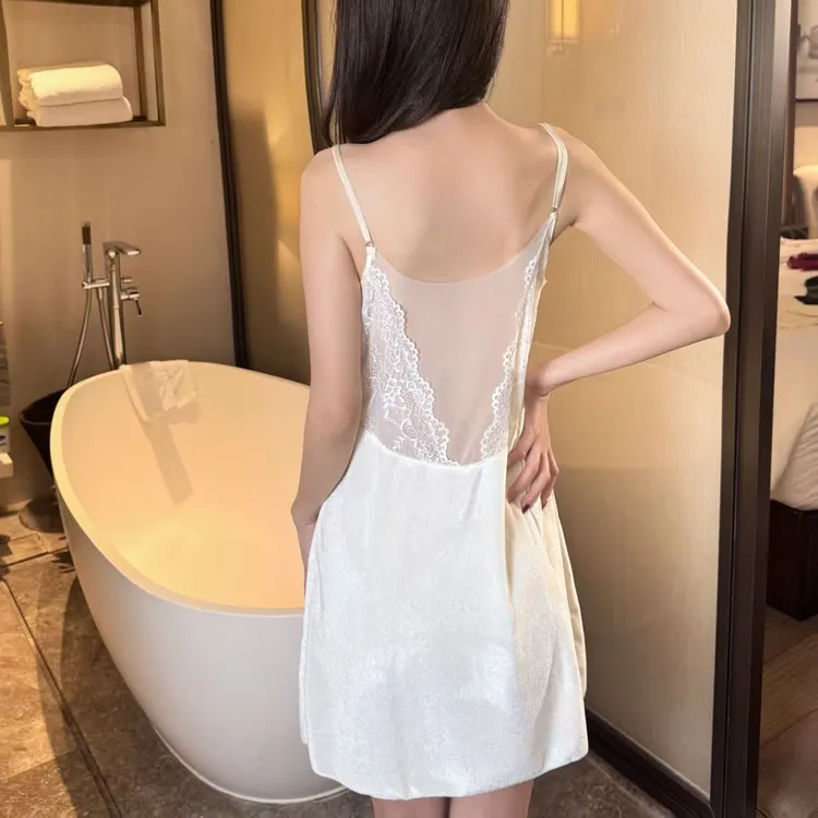 秋冬丝绒纯欲吊带睡衣睡裙睡袍性感蕾丝新款家居服蕾丝显瘦网纱