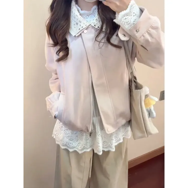 韩系少女甜美风花边领鹿皮绒外套女秋季爆款宽松花苞下摆夹克上衣