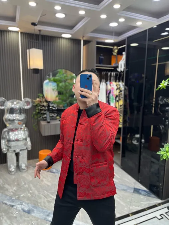 SH轻奢时尚高端男士竹节扣中国红刺绣唐装休闲棉服 7177